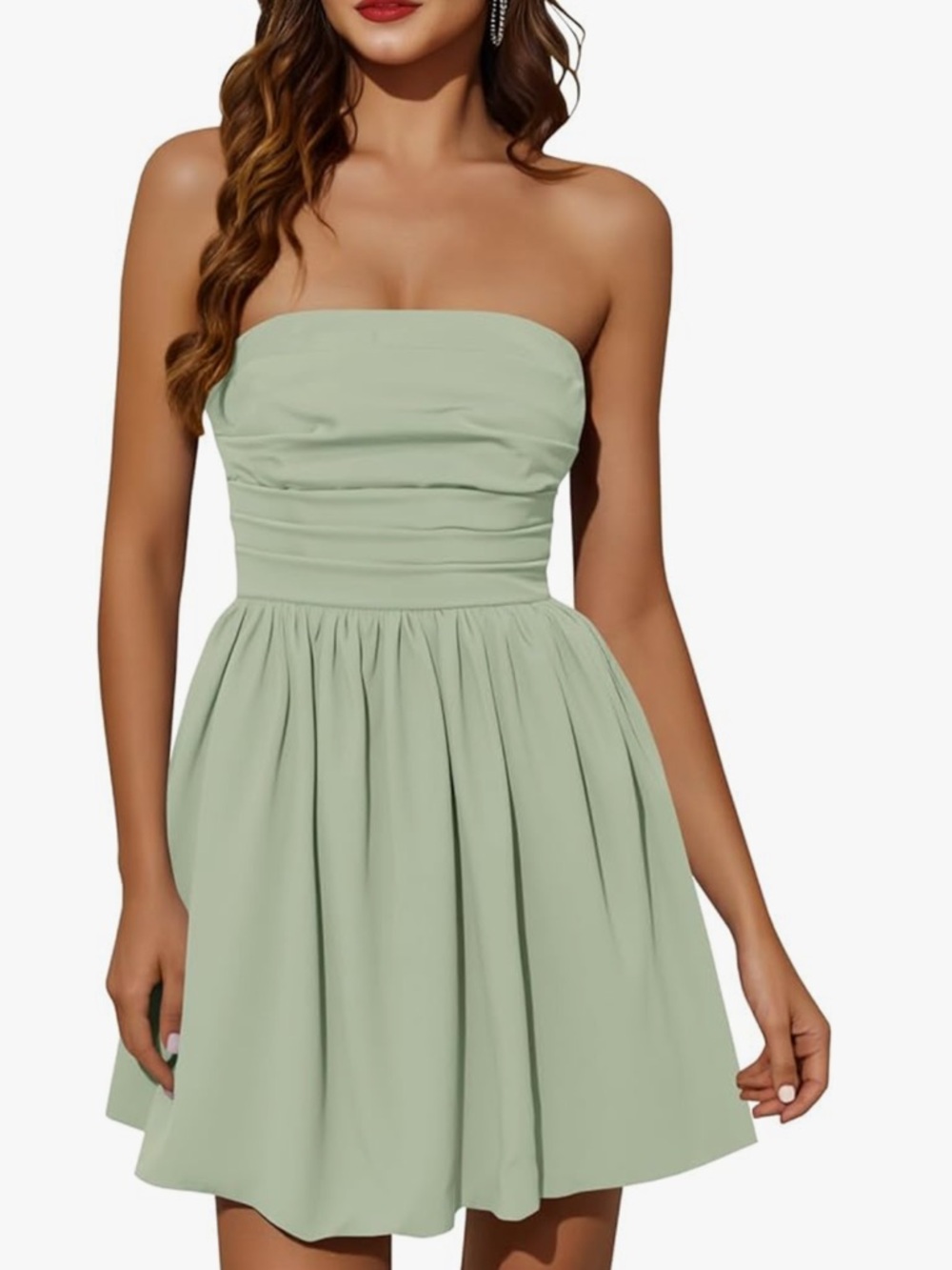 Strapless Ruched Bodice Mini Dress in Sage Green